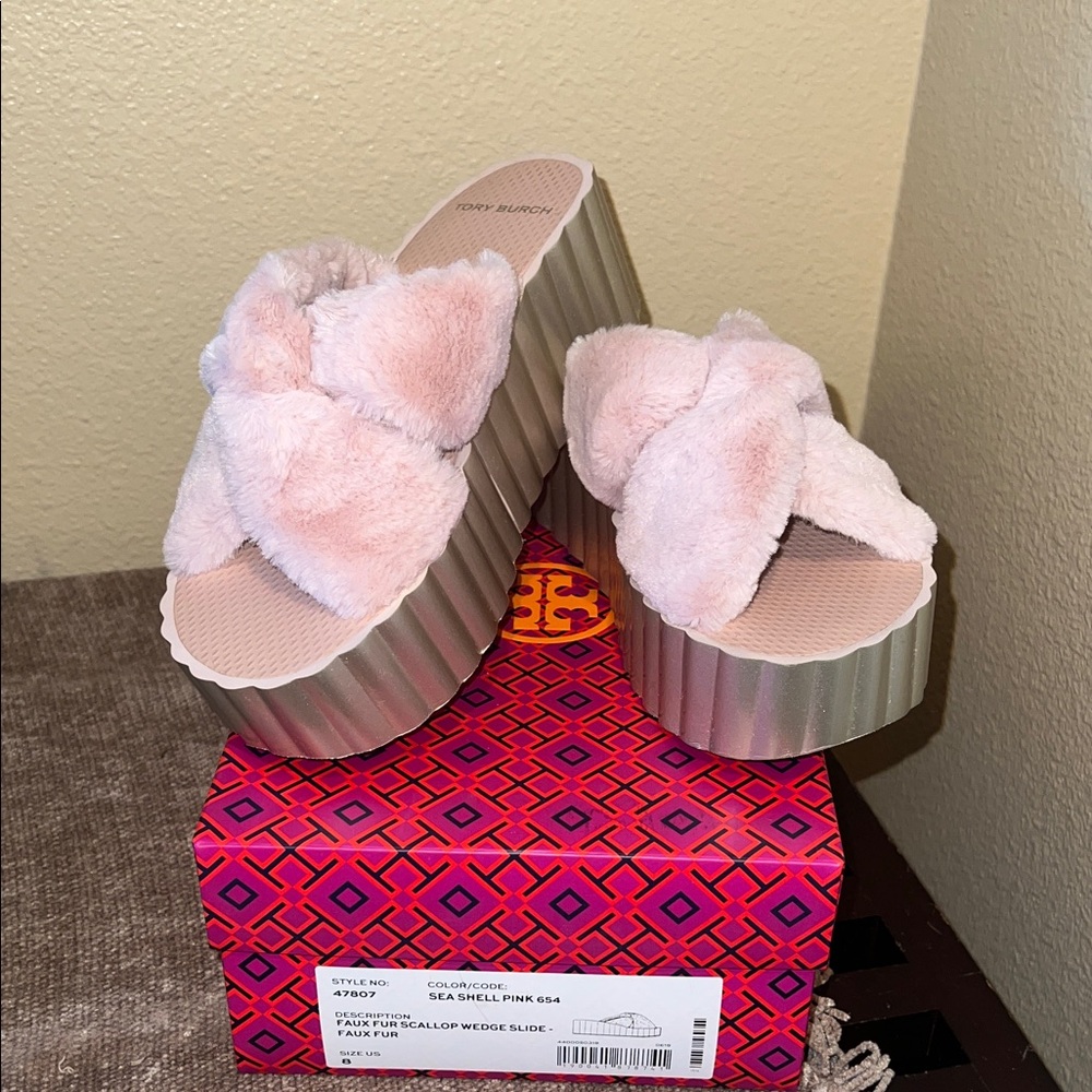 Tory Burch Blush and Gold Wedge Sandals